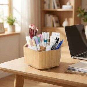 Rotating 360° Bamboo Desk Organizer, Pen, Makeup Holder Multifunctional Office